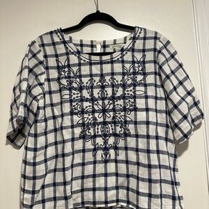ORVIS Women's Sz: S Top Embroidered Linen Navy White Short Sleeve Cropped.